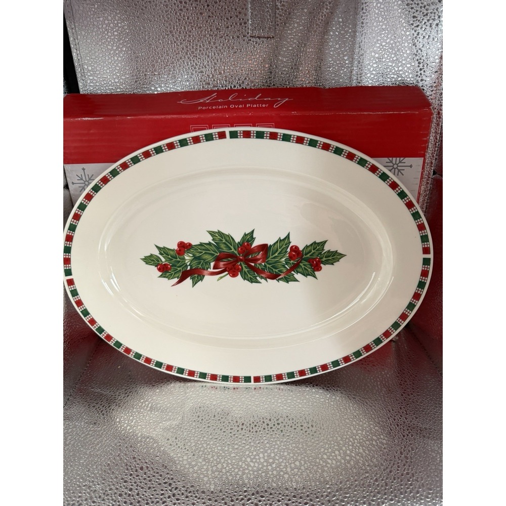 Home Essentials Tartan Ribbon 14" Porcelain Holiday Oval Platter Excellent Shape